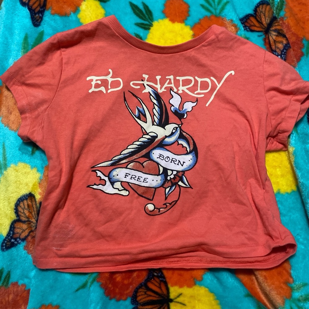 Ed Hardy Orange Crop Top with Graphic Design